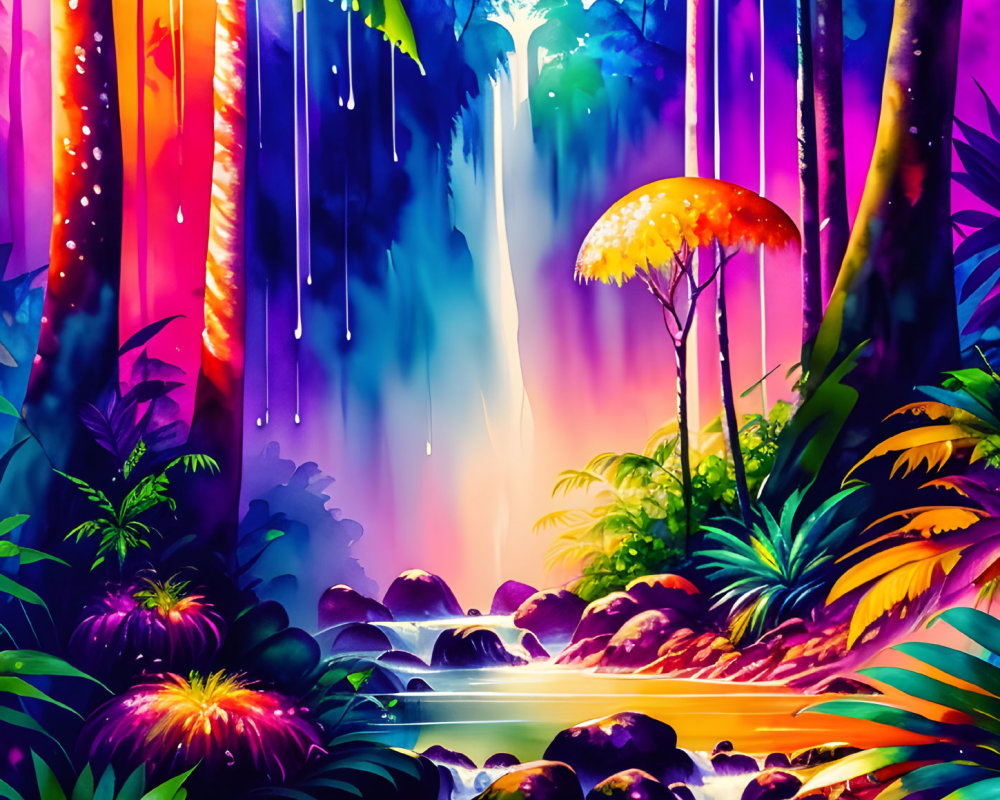 Fantasy Rainforest Illustration with Stream and Glowing Mushrooms