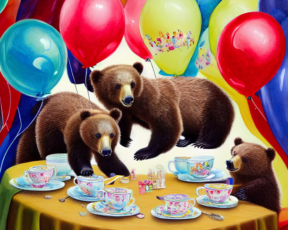 Whimsical tea party with three bears and colorful balloons