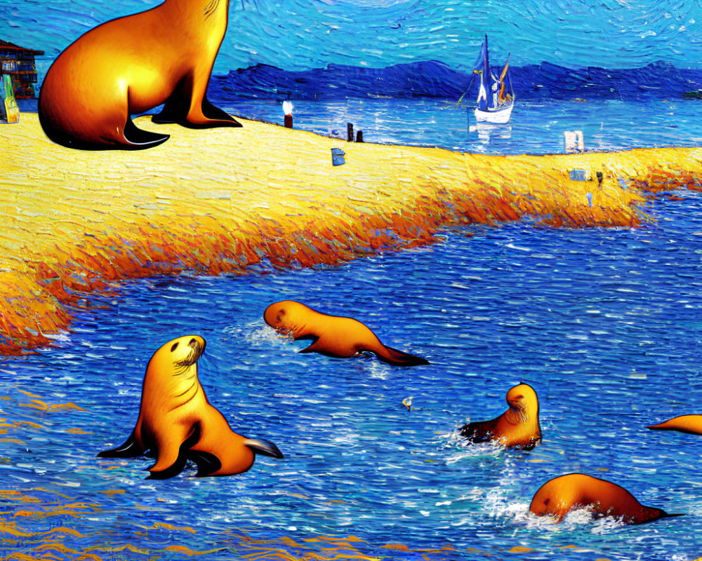 Digitally altered image of seals on beach with "Starry Night" painting effects