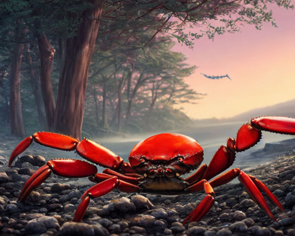 Red crab on pebble ground in misty forest at sunrise