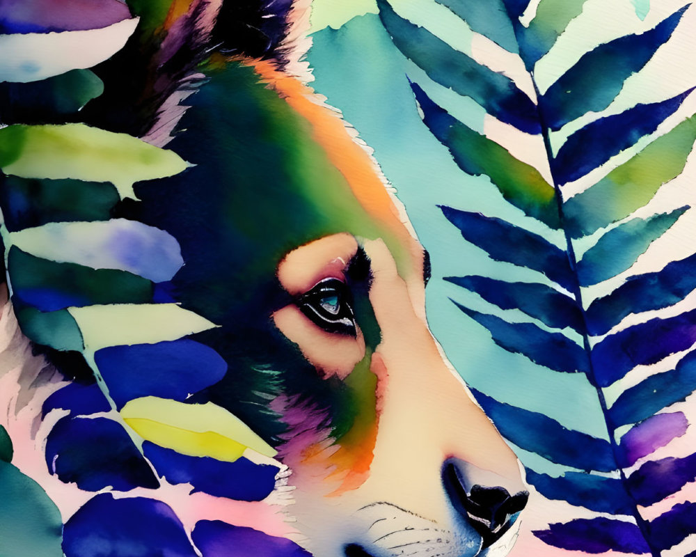 Colorful watercolor lion profile with stylized foliage backdrop