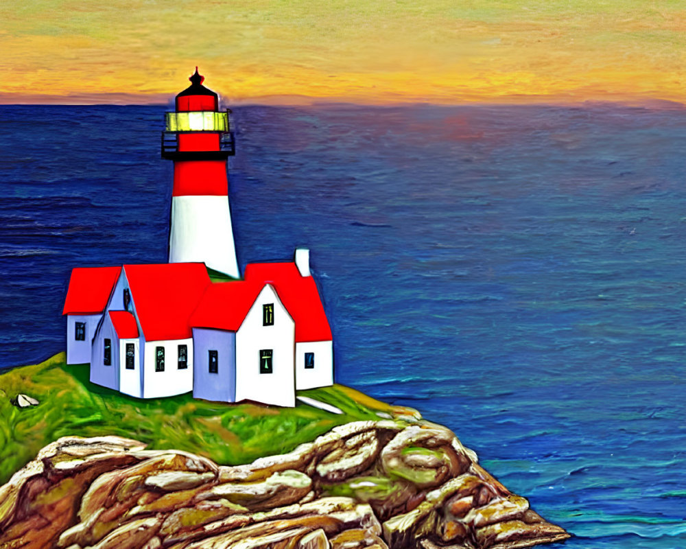 Scenic painting of lighthouse on rocky outcrop at sunset