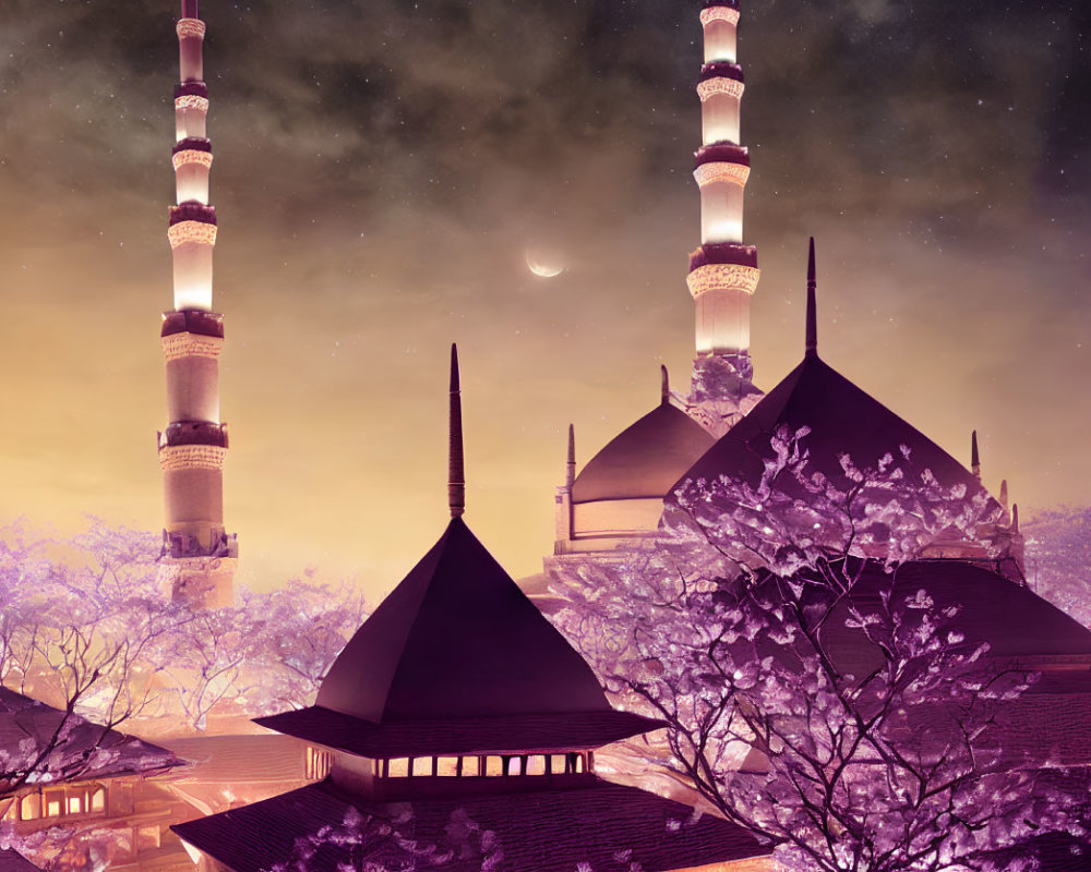 Mosque surrounded by purple blossoming trees under starry sky