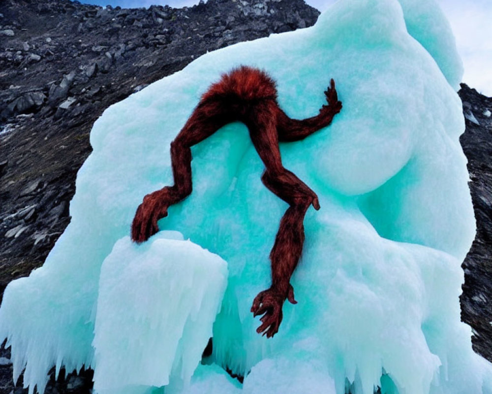 Red furry creature in blue ice surrounded by rocks