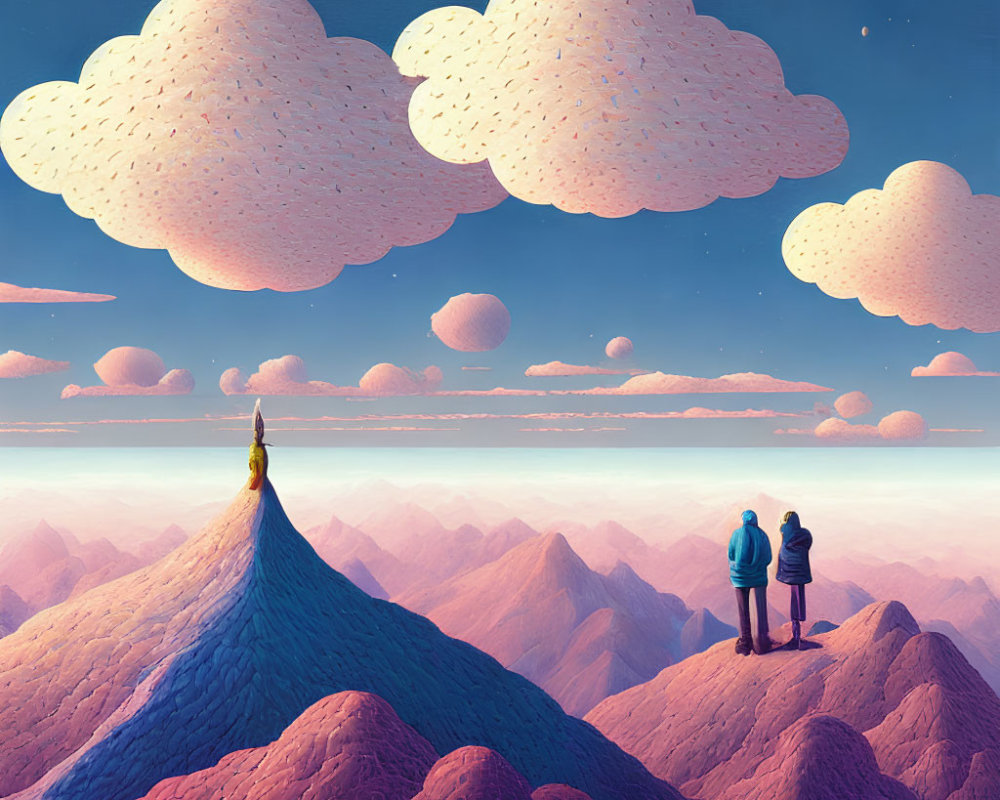 Two people on purple mountain gaze at floating rock islands in twilight