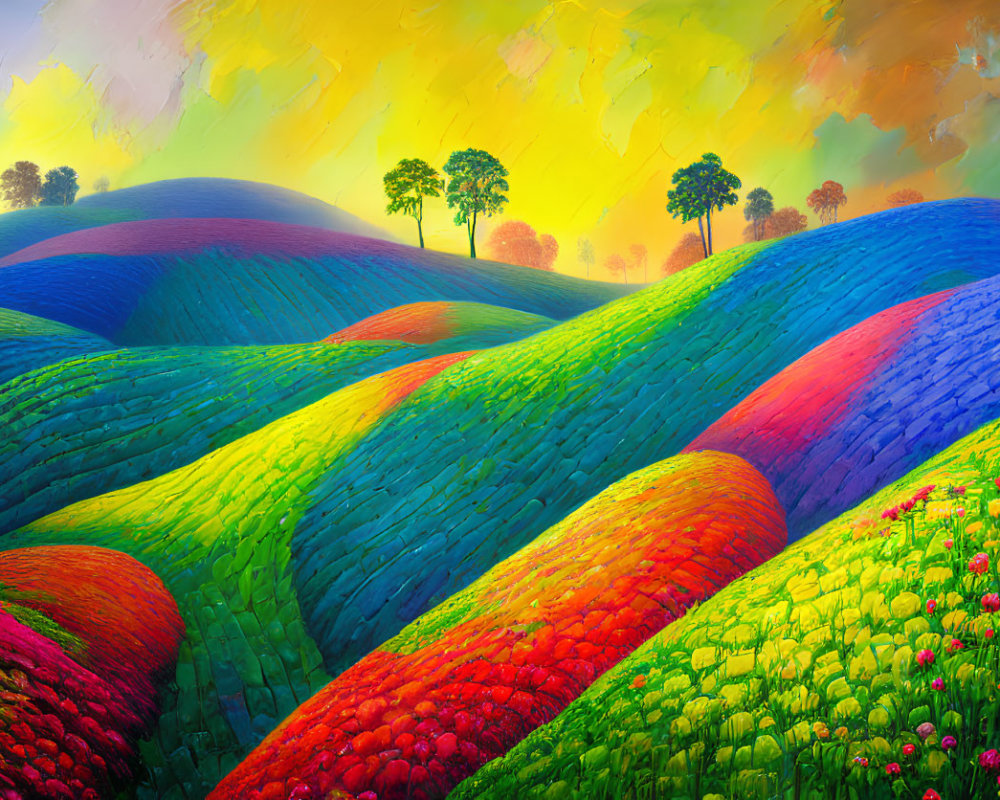 Colorful landscape painting with rolling hills under a vibrant sky