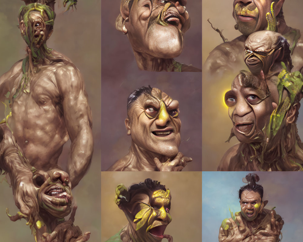 Artwork: Man transforms into green-skinned monstrous entity with plant-like mutations