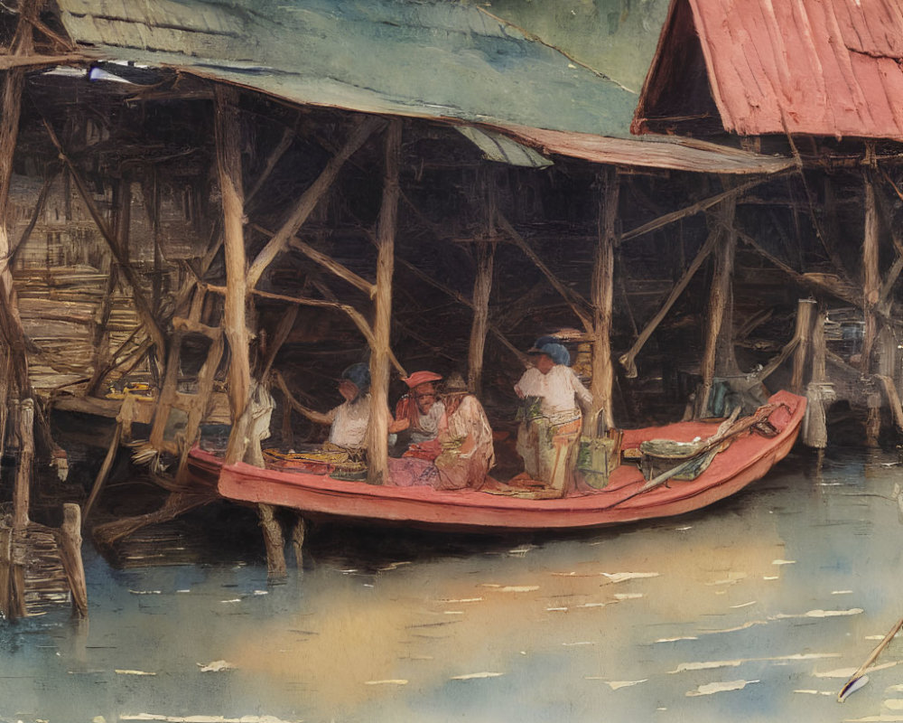 Traditional Attire Individuals in Red Boat by Riverbank