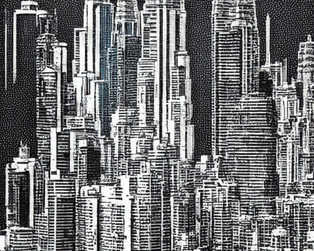 Monochrome stipple art of dense skyline with skyscrapers