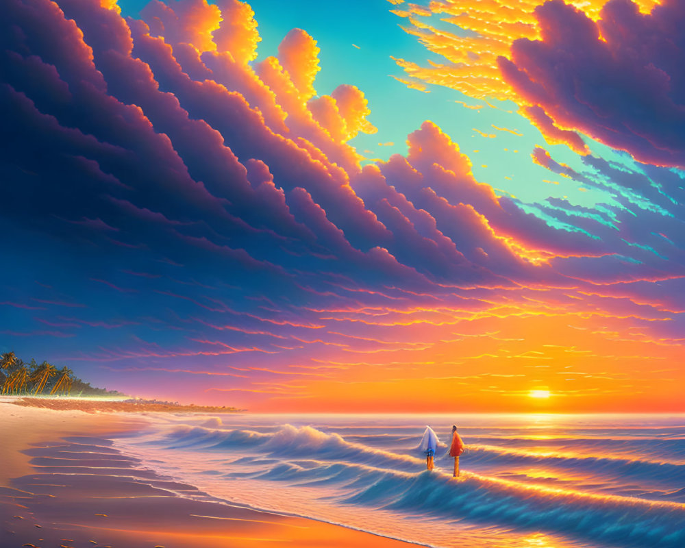 Serene beach sunset with billowy clouds and wading figures