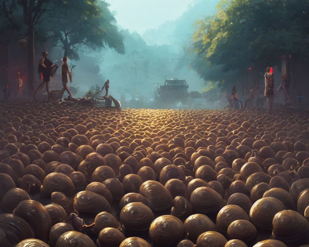 Golden Spheres Fill Street in Misty, Glowing Scene