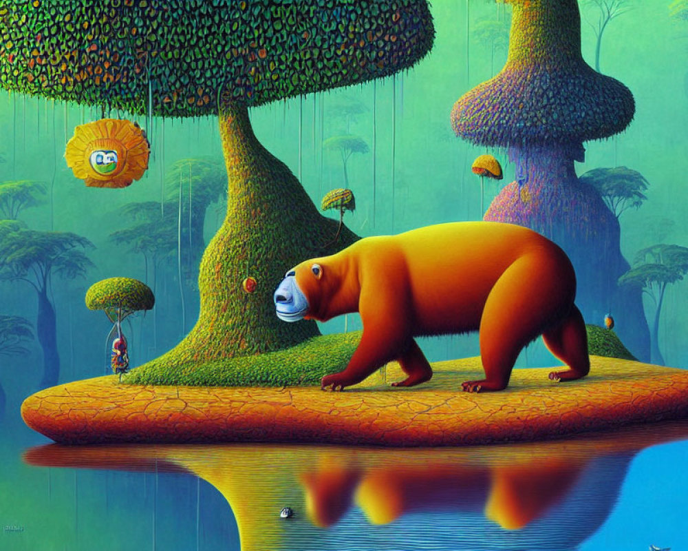 Colorful Surreal Forest with Bear Creature and Whimsical Trees Reflection