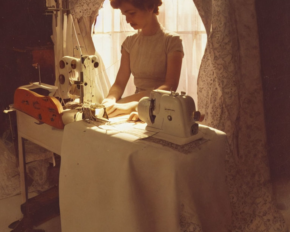 Woman sewing at table in warmly lit room with curtains and two sewing machines