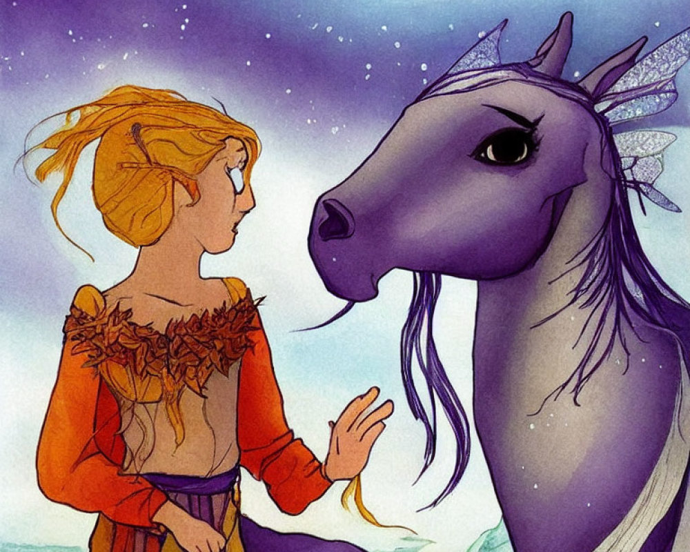 Illustration of young girl in orange dress with purple, dragon-like horse on starry watercolor background