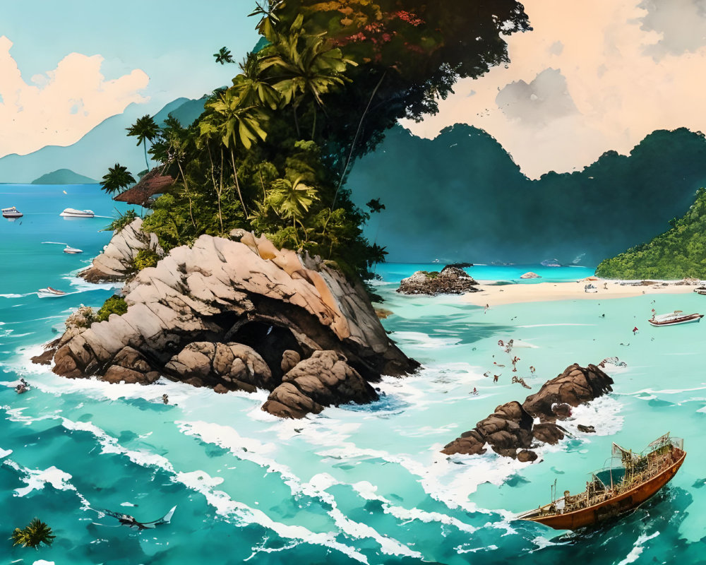 Tropical beach scene with turquoise waters, rocky outcrop, lush greenery, and boats under h