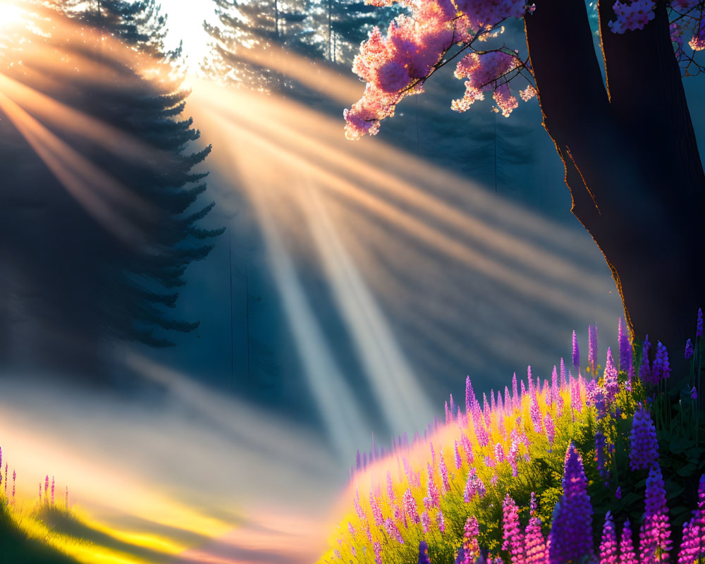 Forest path illuminated by sun rays and purple flowers.