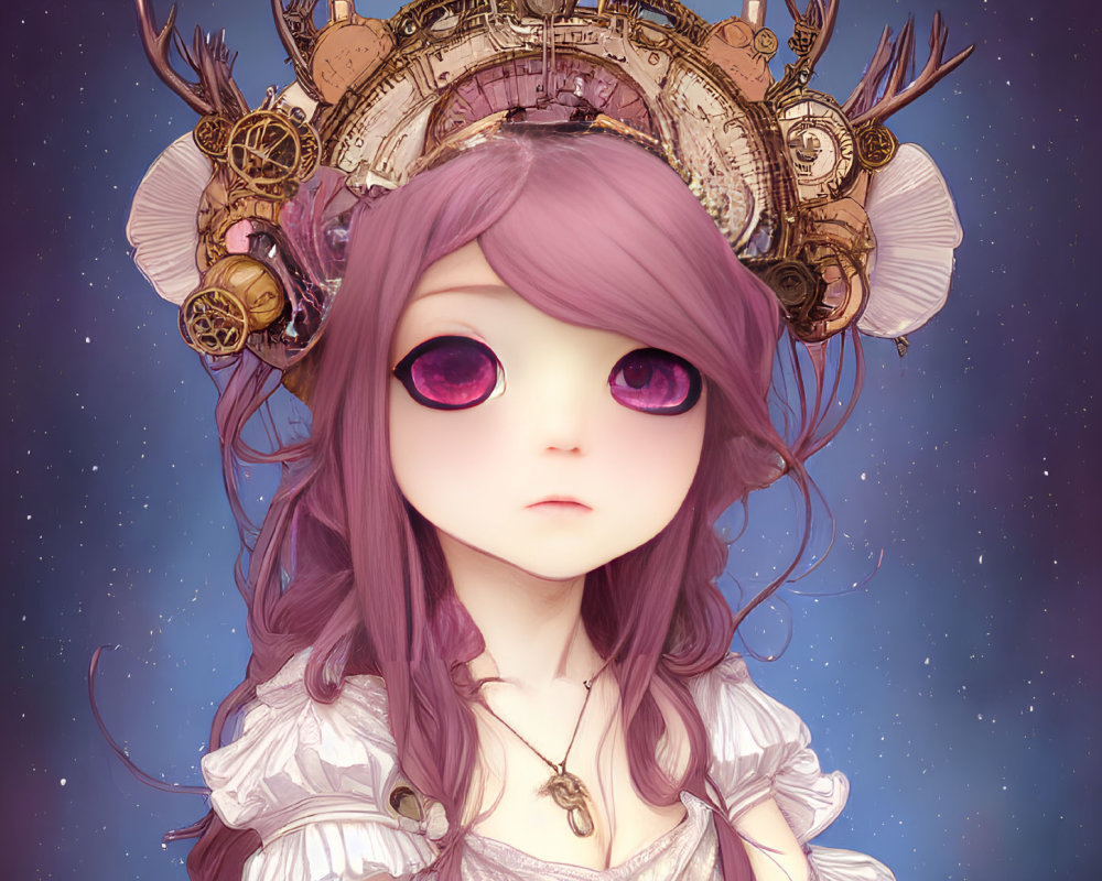 Purple-haired girl in Victorian attire with steampunk headgear on starry background