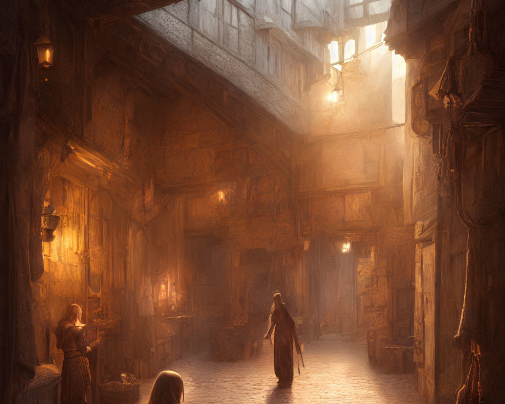 Medieval fantasy alleyway with cloaked figures and lantern-lit buildings