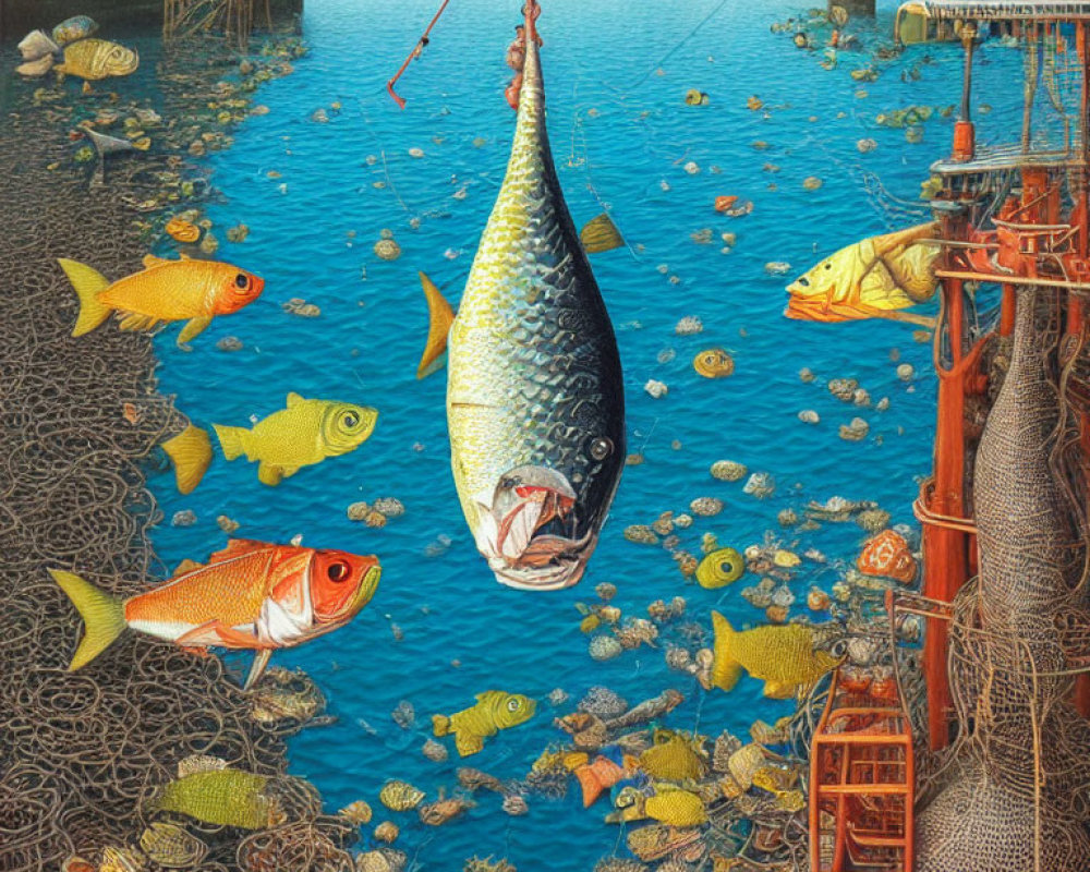 Surreal artwork featuring large fish on hook with intricate underwater machinery