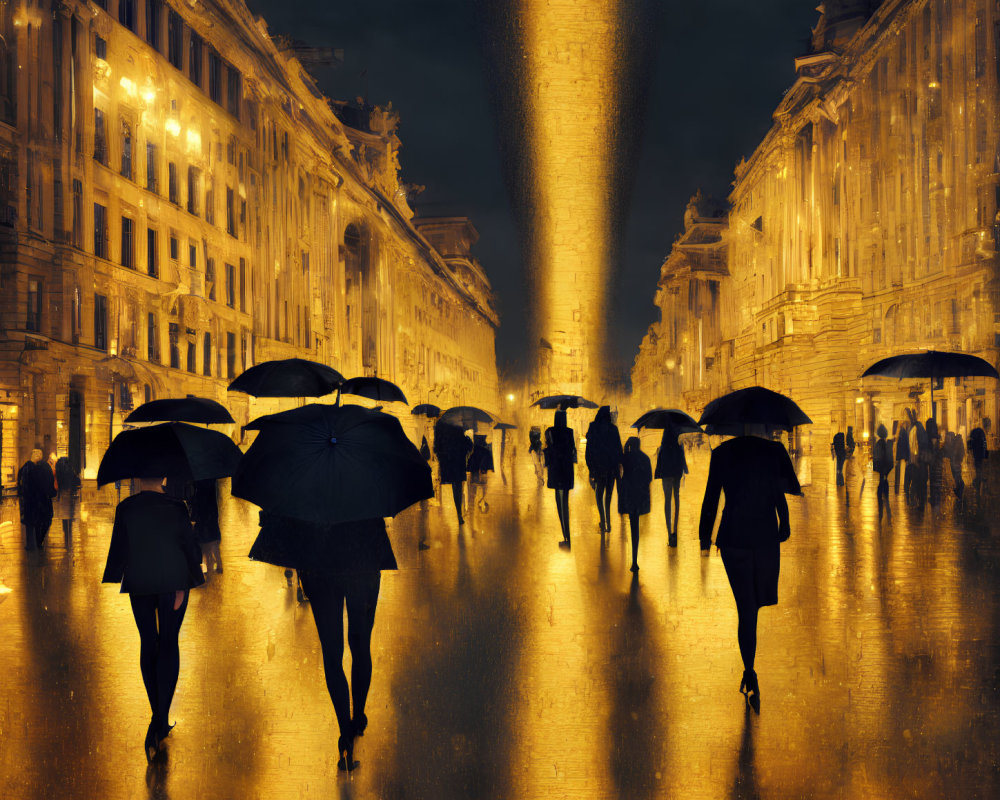 Night scene of people with umbrellas on rainy street under golden sky