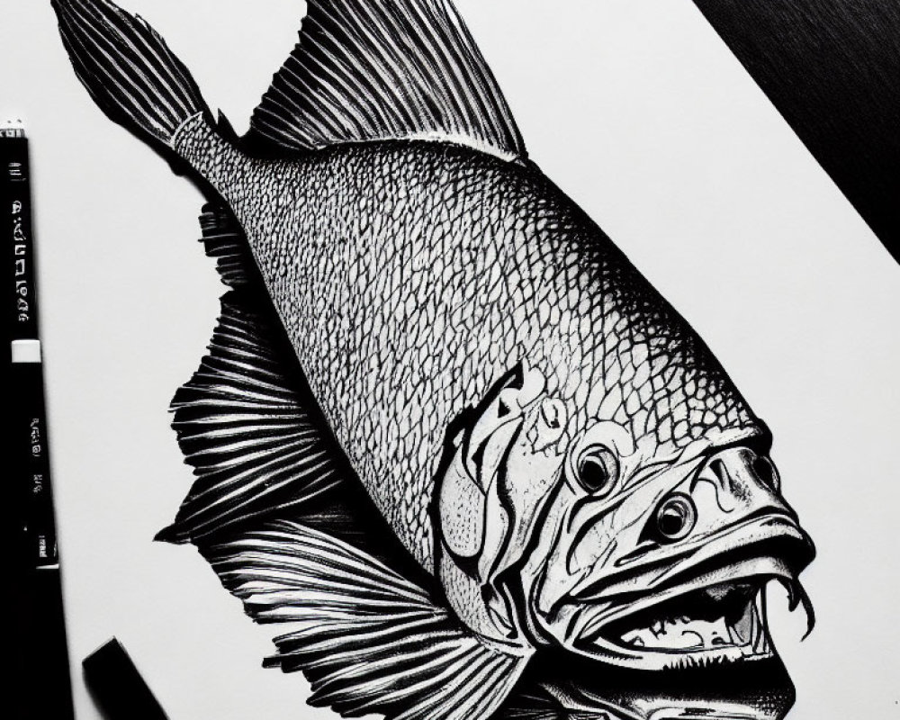 Detailed black and white ink drawing of a fish with intricate scales and fins on a surface with drawing pens