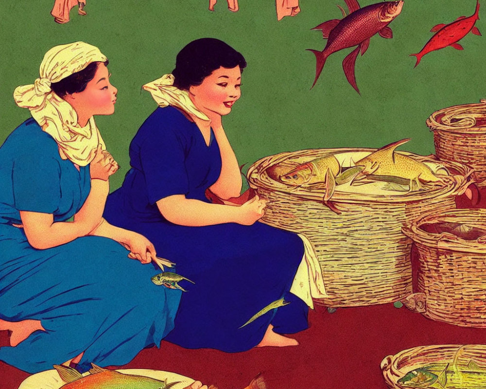 Vintage-style illustration of two women with fish-filled baskets.