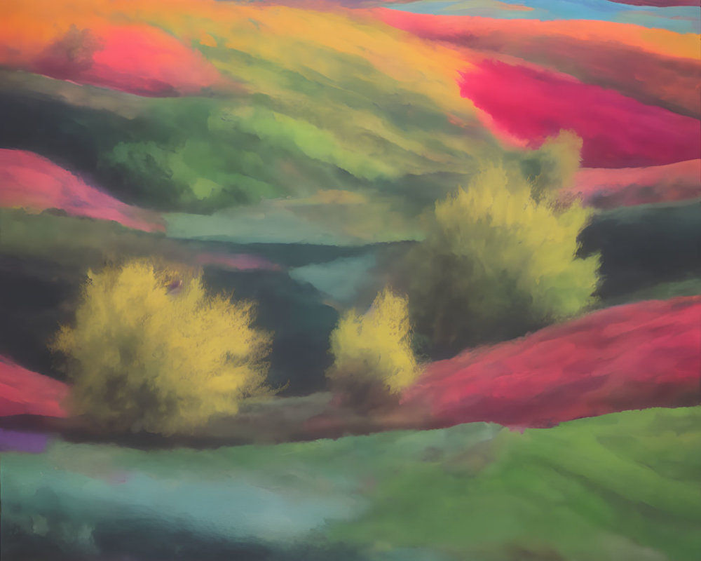 Colorful Abstract Landscape Painting with Rolling Hills and Trees