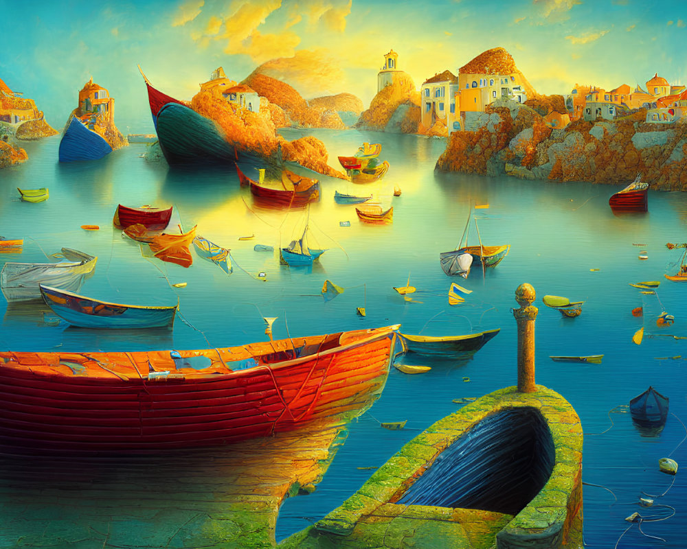 Colorful boats in tranquil waters at a seaside village at sunset