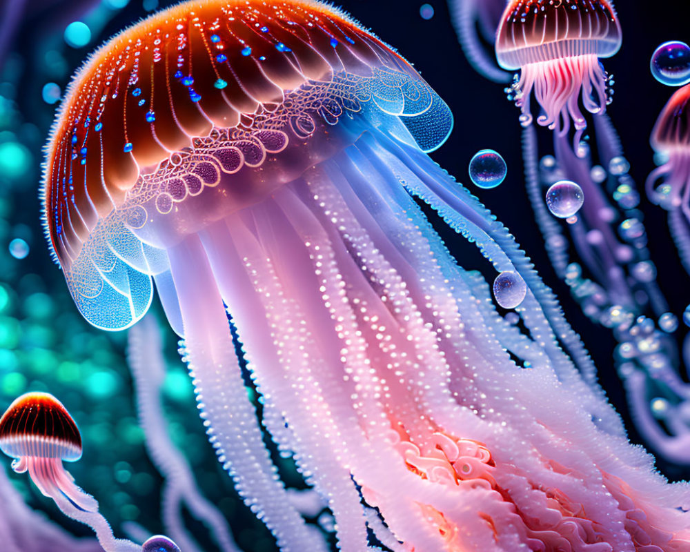 Vibrant digital artwork: Glowing jellyfish in deep-sea setting