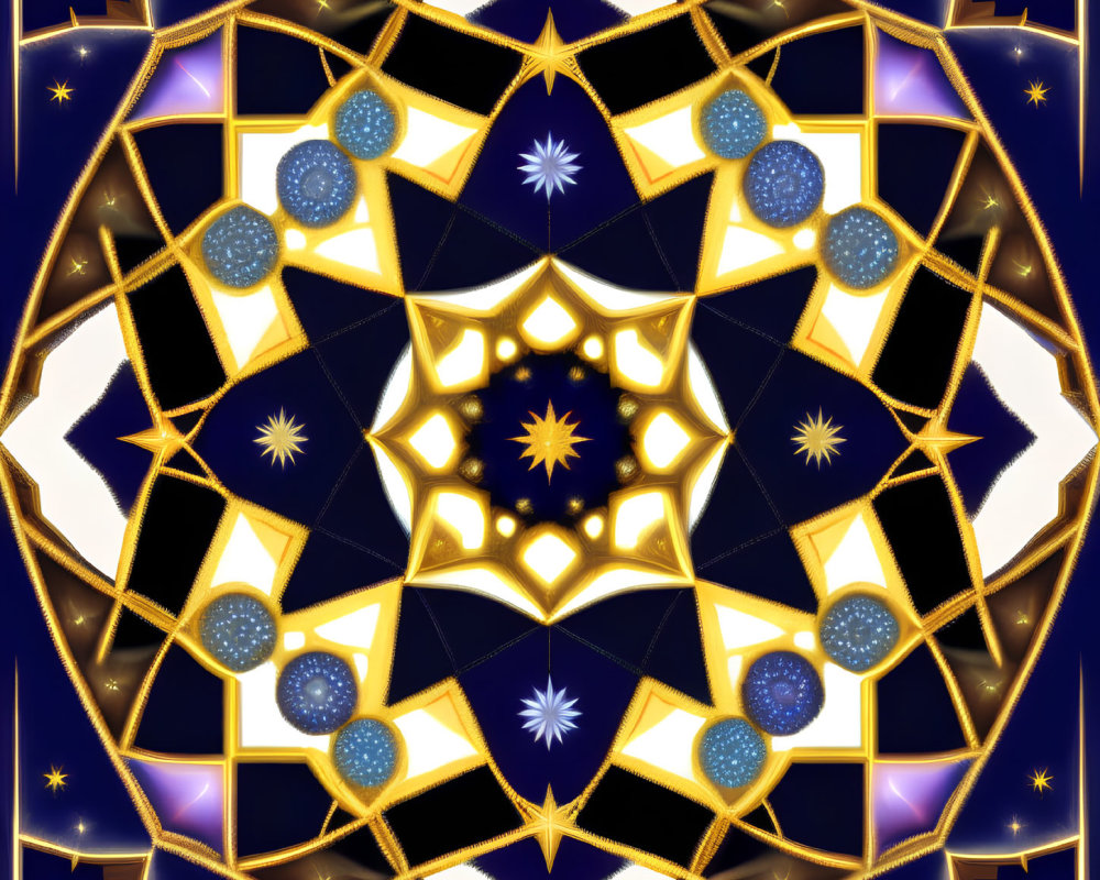 Symmetrical Kaleidoscope Pattern with Gold Stars and Blue Orbs