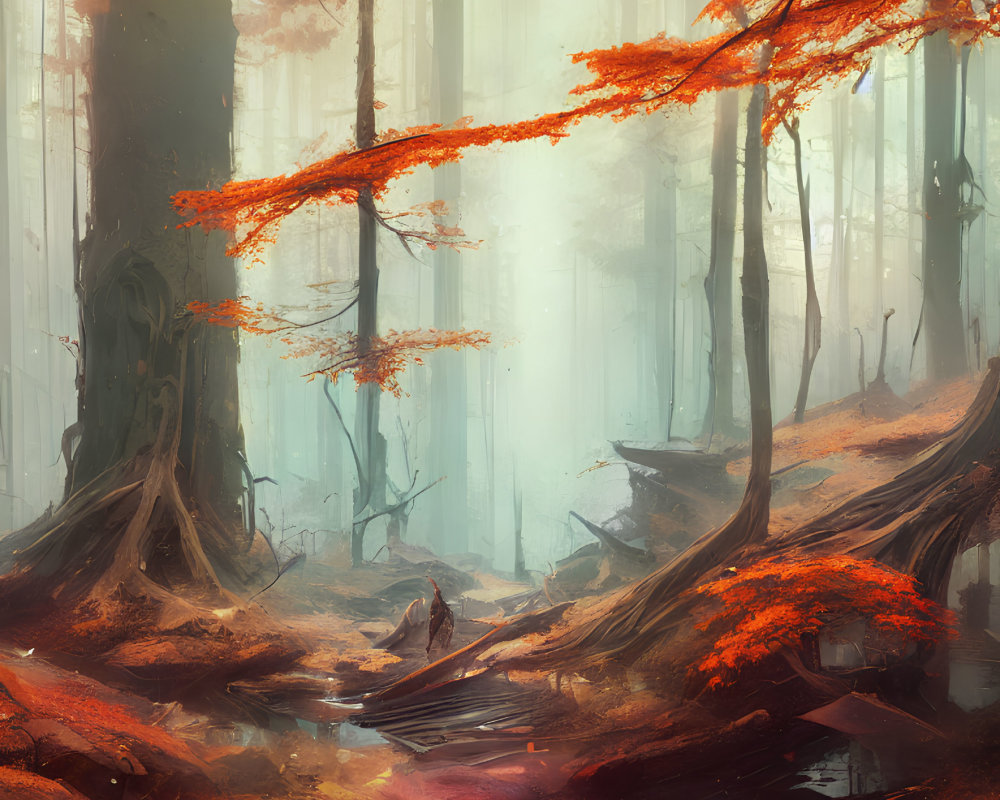 Misty forest with vibrant orange foliage and sunbeams