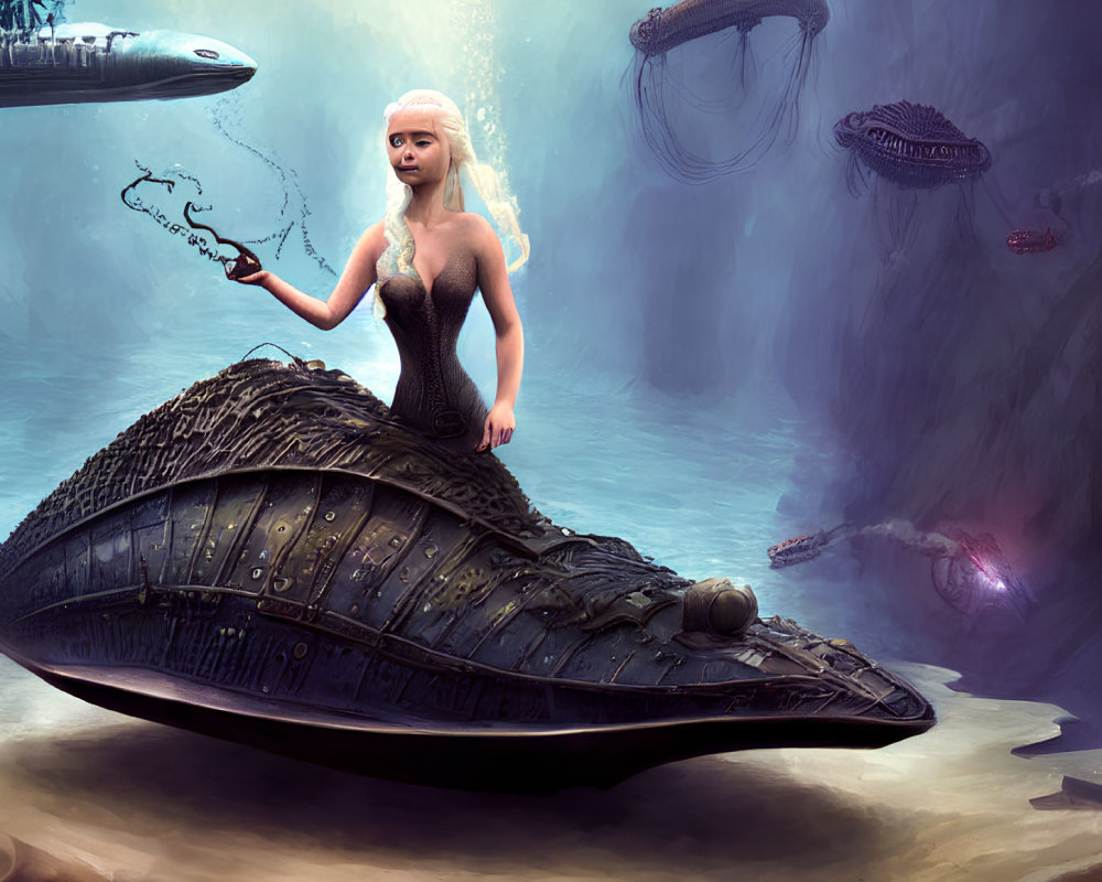 Mermaid with white hair on spaceship surrounded by alien sea creatures