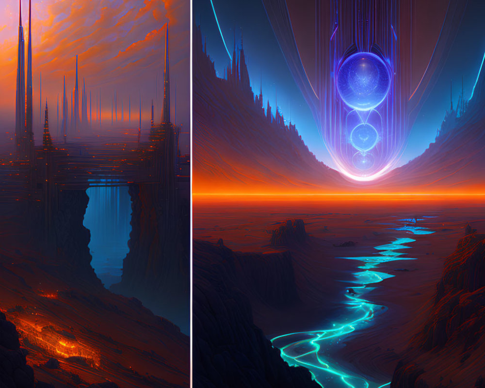 Futuristic split-scene artwork: vibrant city and glowing desert under twilight sky