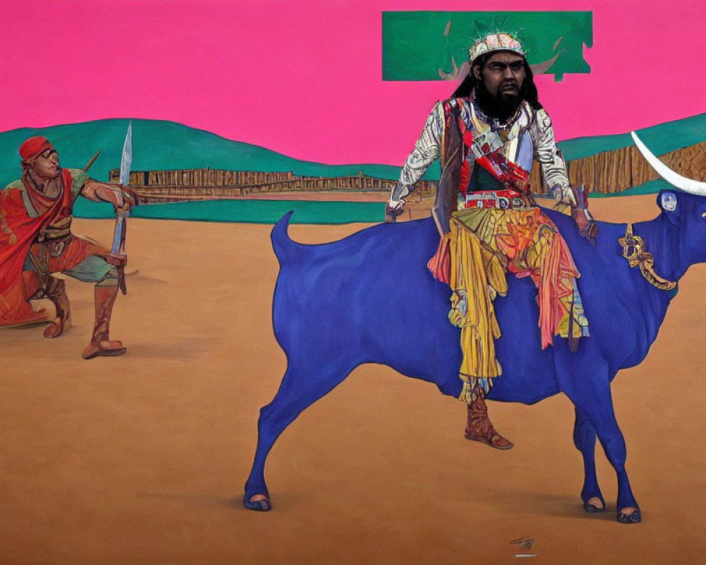 Elaborately dressed person rides blue bull with spear-wielding companion on pink background