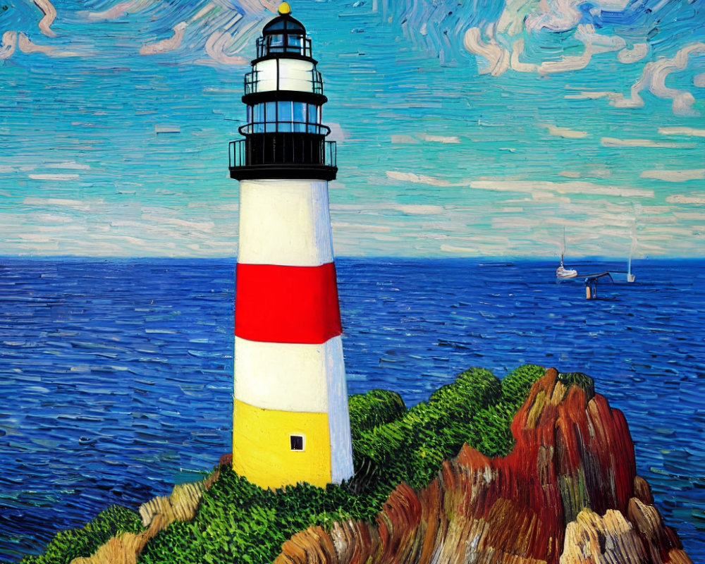 Striped lighthouse painting with sailboat on cliff under blue skies