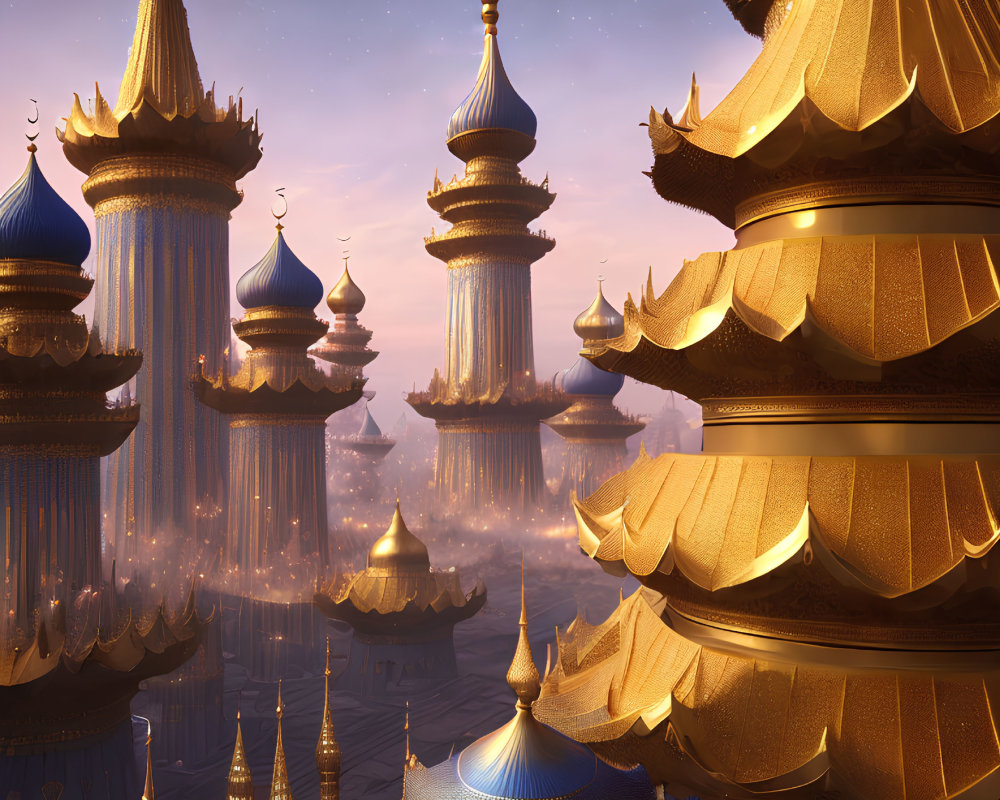 Ornate golden-domed cityscape under celestial sunset glow