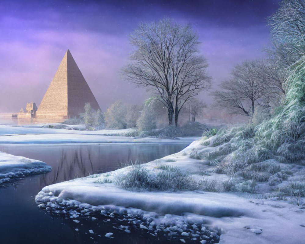 Snowy Winter Landscape with River, Trees, Night Sky, and Pyramid Structure