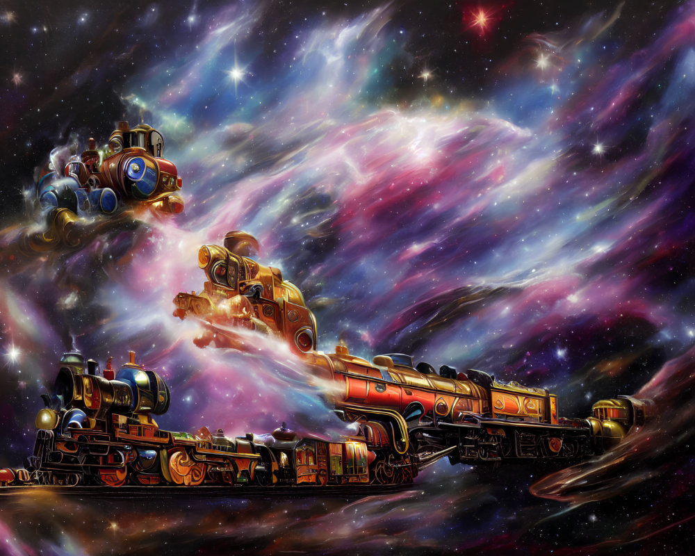 Fantastical steampunk galaxy scene with soaring trains