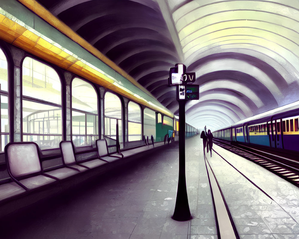 Train station illustration with arched ceilings, lone figure, empty benches, and parked train.