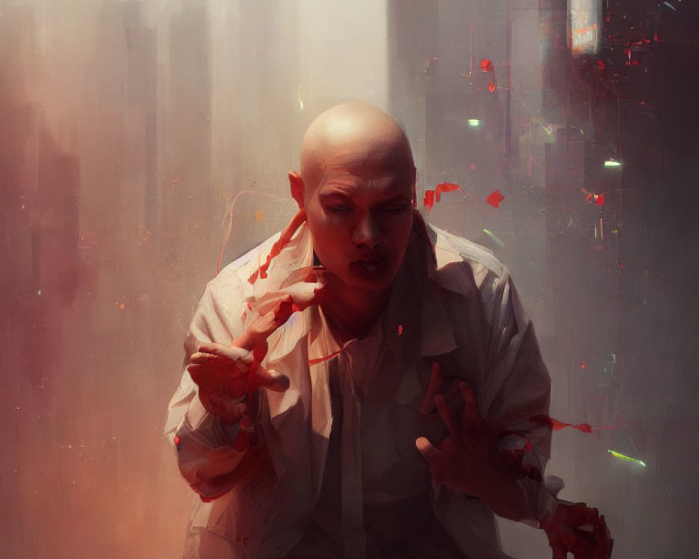 Bald Person in White Shirt Manipulating Unseen Forces in Red Environment