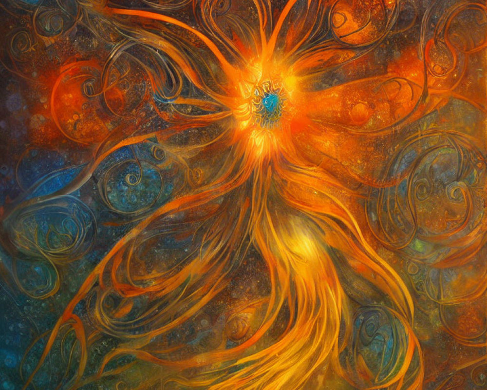 Colorful Abstract Painting with Swirling Orange, Blue, and Gold Patterns