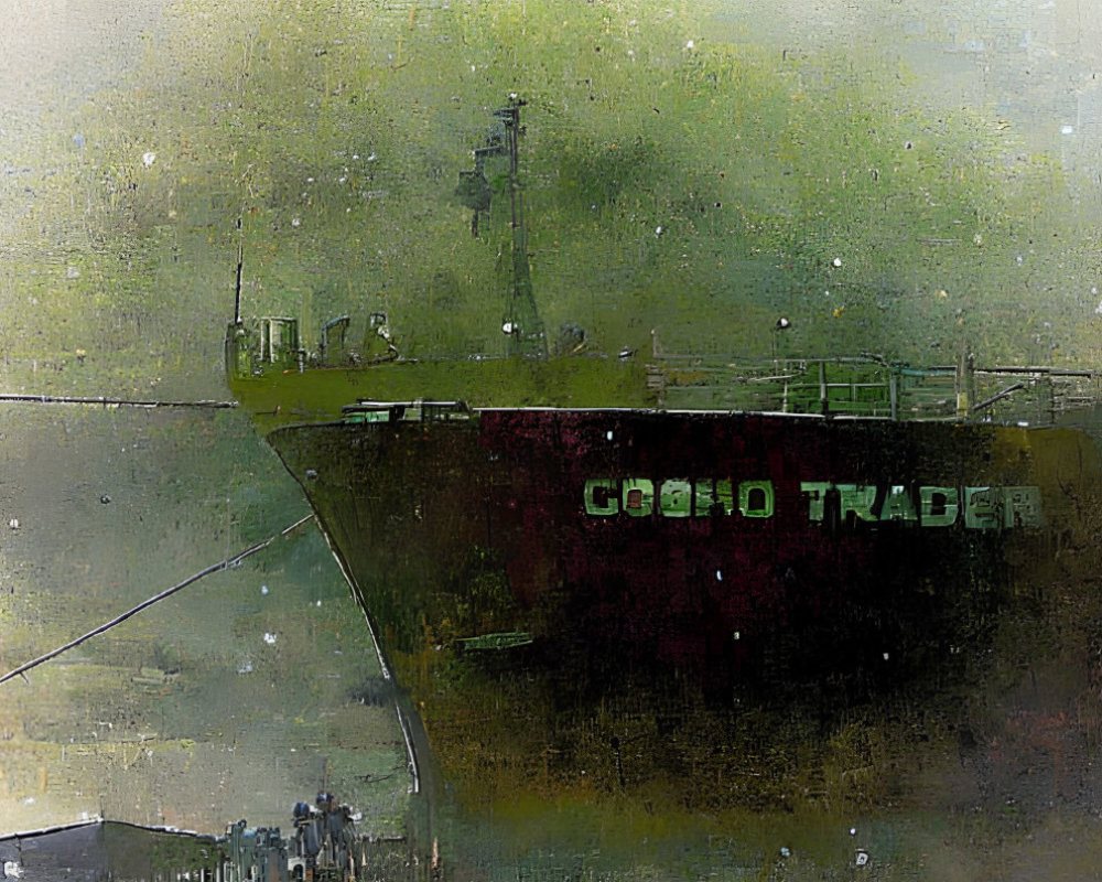 Vintage textured digital painting of "Cosmo Trader" ship bow in muted green and brown.