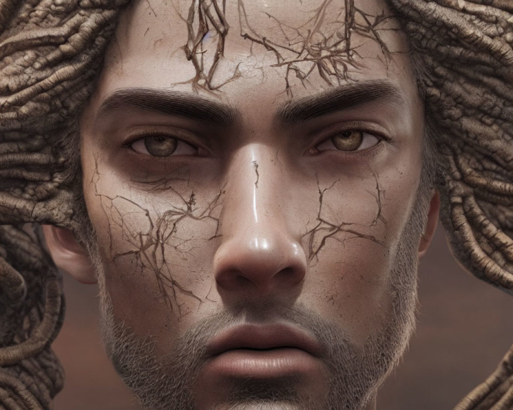 Detailed close-up: stoic male face with cracked skin, desert-like texture, intertwined branches.