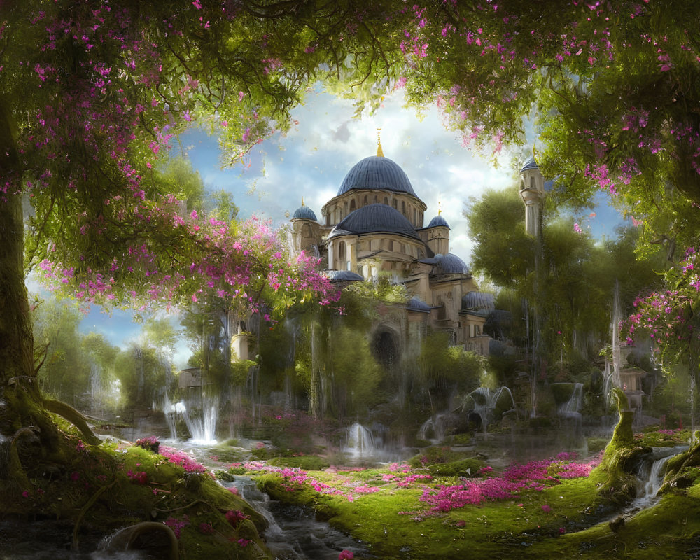 Fantasy landscape with domed structure, waterfalls, and pink flowers