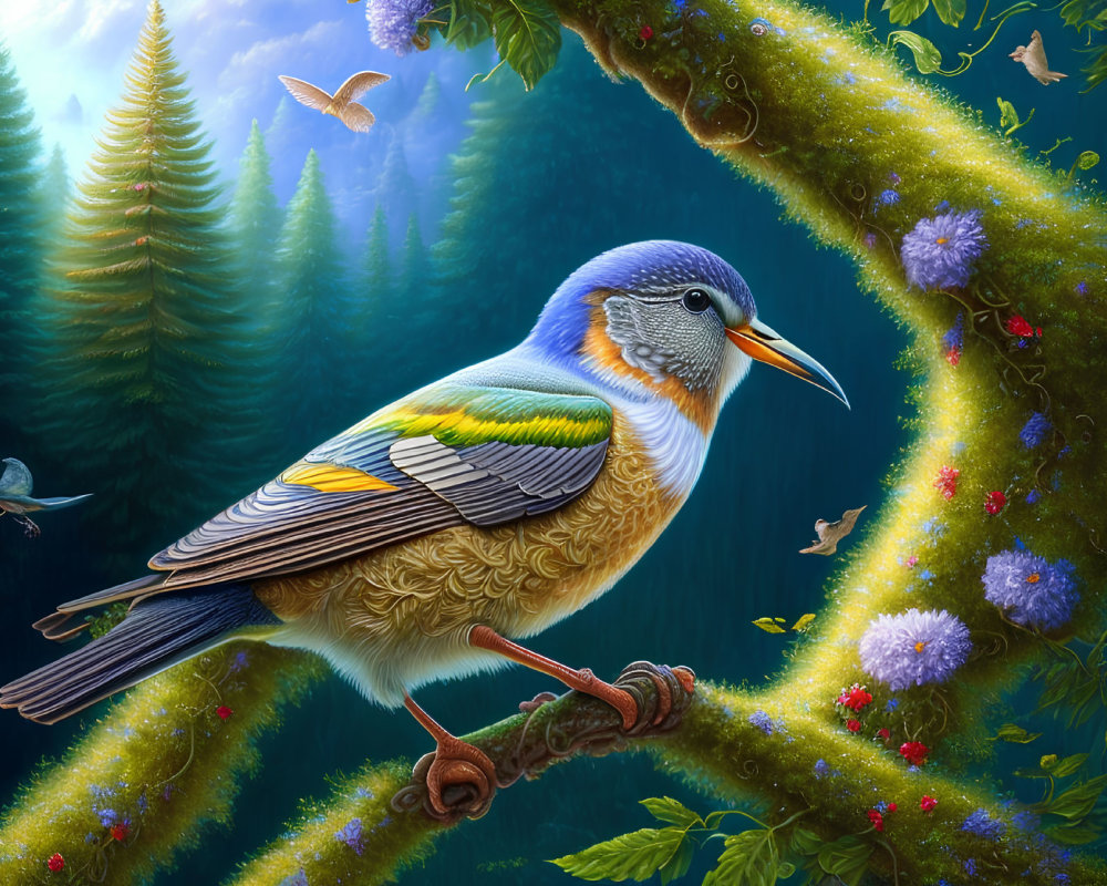 Colorful Bird on Mossy Branch in Fantastical Forest with Butterflies