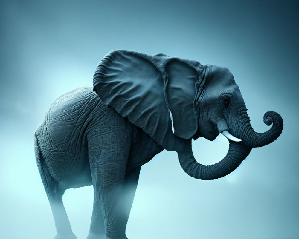 Majestic elephant in misty blue setting with curled trunk and prominent tusks