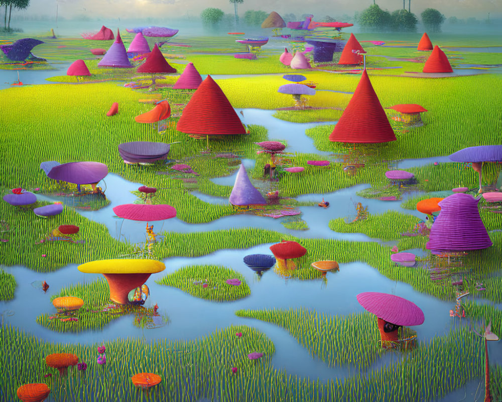 Surreal landscape with conical structures, lush greenery, floating islands, and reflective water at