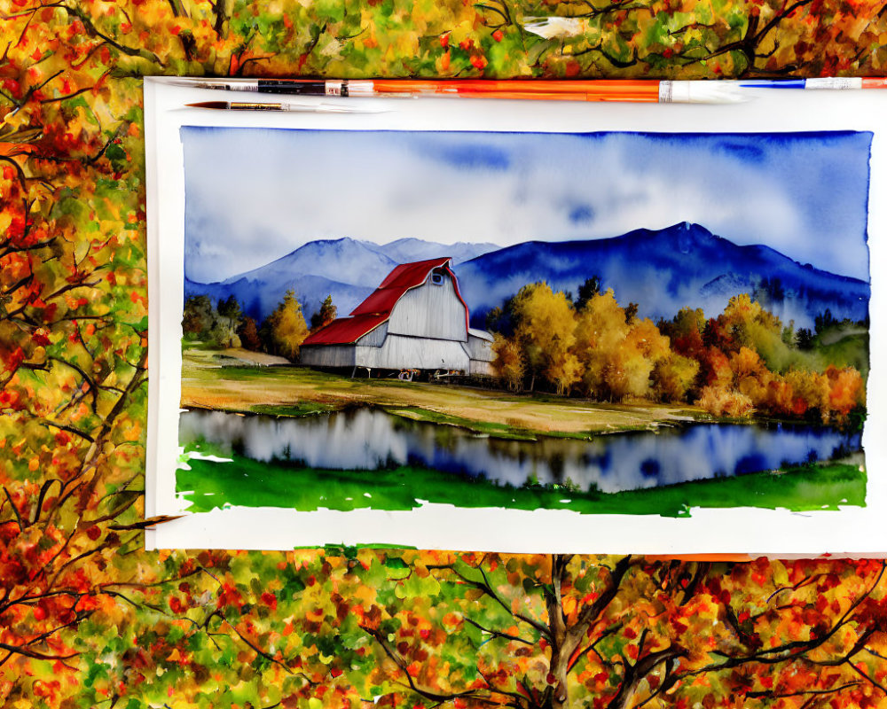 Scenic red barn painting by lake with misty mountains and autumn leaves