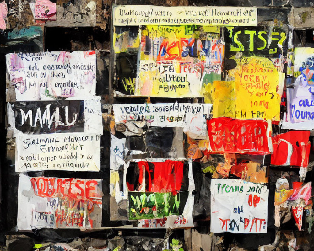 Colorful Layered Posters on Rough Stone Wall