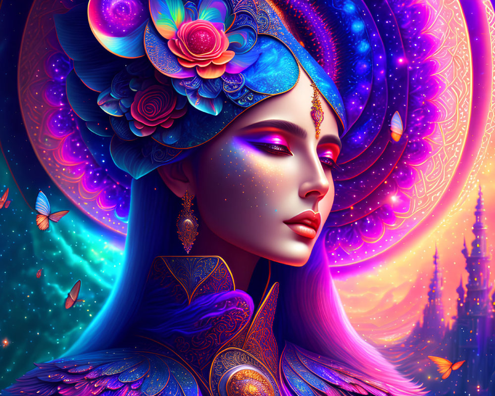 Colorful Digital Artwork of Woman in Ornate Attire Against Cosmic Background